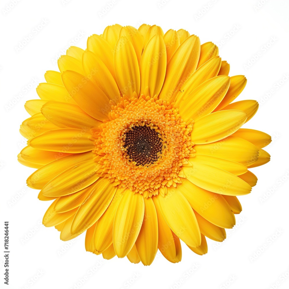 A single piece of yellow gerbera top view isolated on white background A single piece of yellow gerbera top view isolated on white background