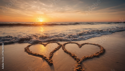 Two hearts drawn in sand near the water’s edge. Sunset Beach Romance, A romantic moment captured at the beach during sunset. Gentle waves lap at the shore near the drawn hearts