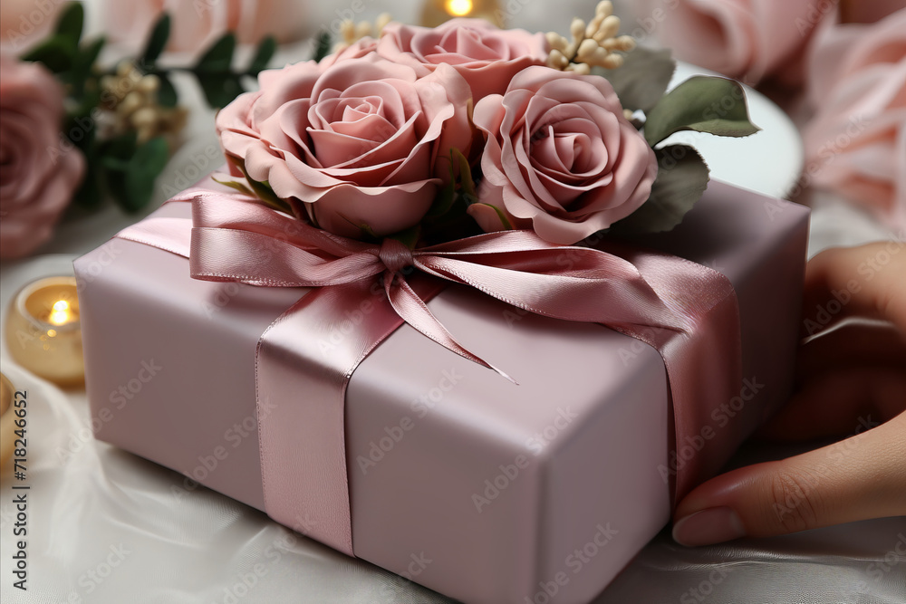 Pink gift box with ribbons and roses, beautifully adorned in a delicate shade of pink Pink gift box with ribbons and roses, beautifully adorned in a delicate shade of pink