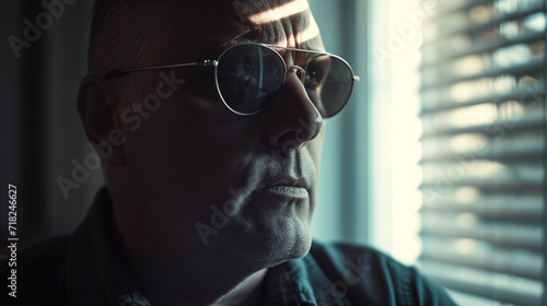 Ein Mann mit Brille beobachtet durch ein Fenster mit Jalousie den Außenbereich, vielleicht ein Polizist oder Detektiv © pegasus24.com