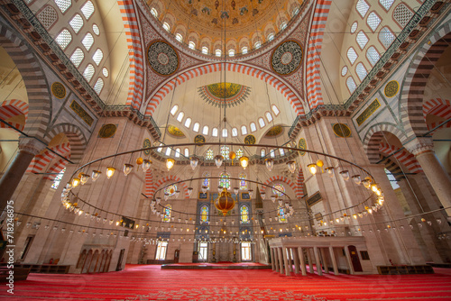 Suleymaniye Camii Mosque interior. The Mosque is an Ottoman Imperial Mosque in Fatih in historic Istanbul, Turkey. Historic Areas of Istanbul is a World Heritage Site. 
