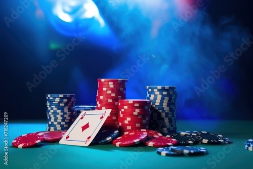 Poker chips and cards on dark background with smoke and neon lights. Casino concept. Selective focus. Casino concept with copy space. Online casino. Gambling concept with copy space.