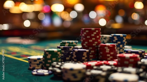 Poker chips and playing cards on green table at casino. Casino concept. Casino concept with copy space. Online casino. Gambling concept with copy space.