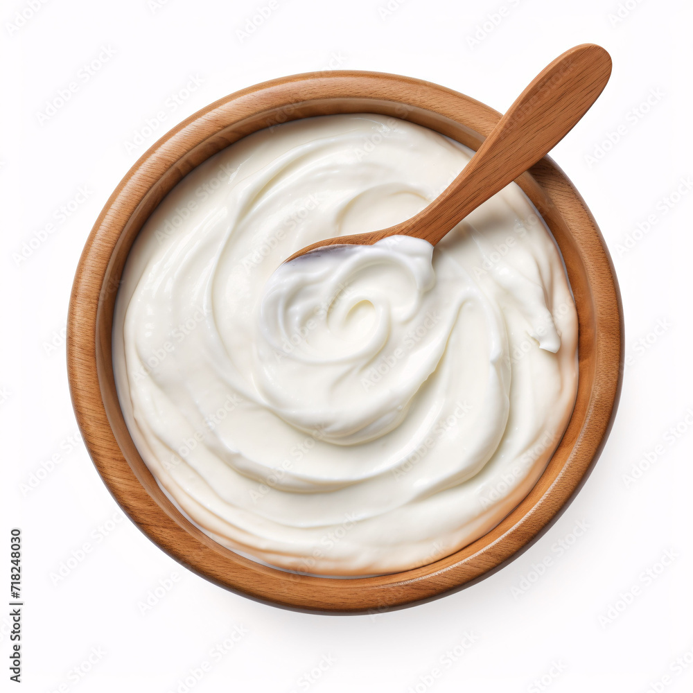 mayonnaise, yogurt, sour cream in wooden bowl and spoon, isolated on white background, clipping path, full depth of field mayonnaise, yogurt, sour cream in wooden bowl and spoon, isolated on white background, clipping path, full depth of field
