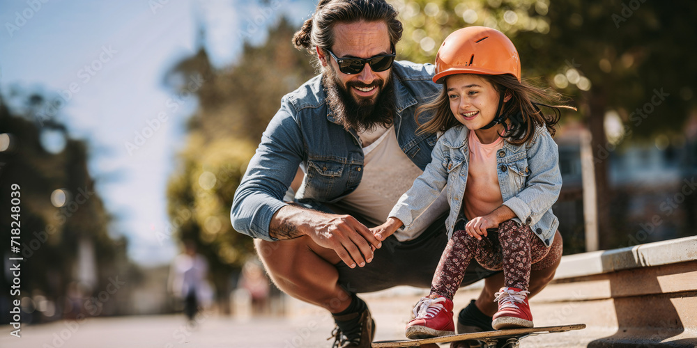 Caring Dad Teaches Young Daughter to Skateboard