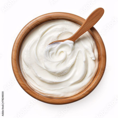 mayonnaise, yogurt, sour cream in wooden bowl and spoon, isolated on white background, clipping path, full depth of field