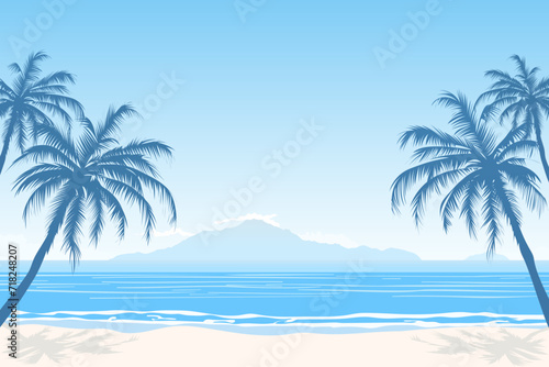 Beach landscape vector illustration. Beautiful sandy beach on a paradise island with palm trees and stunning views of the mountains and blue sky. A day at the beach. © LoveSan