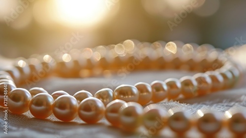Close-up of a strand of pearls, each pearl perfectly round and glowing with a warm, creamy hue, set against a gentle, light background for a classic and elegant look