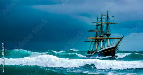 Large boat in the middle of large body of water on stormy day.