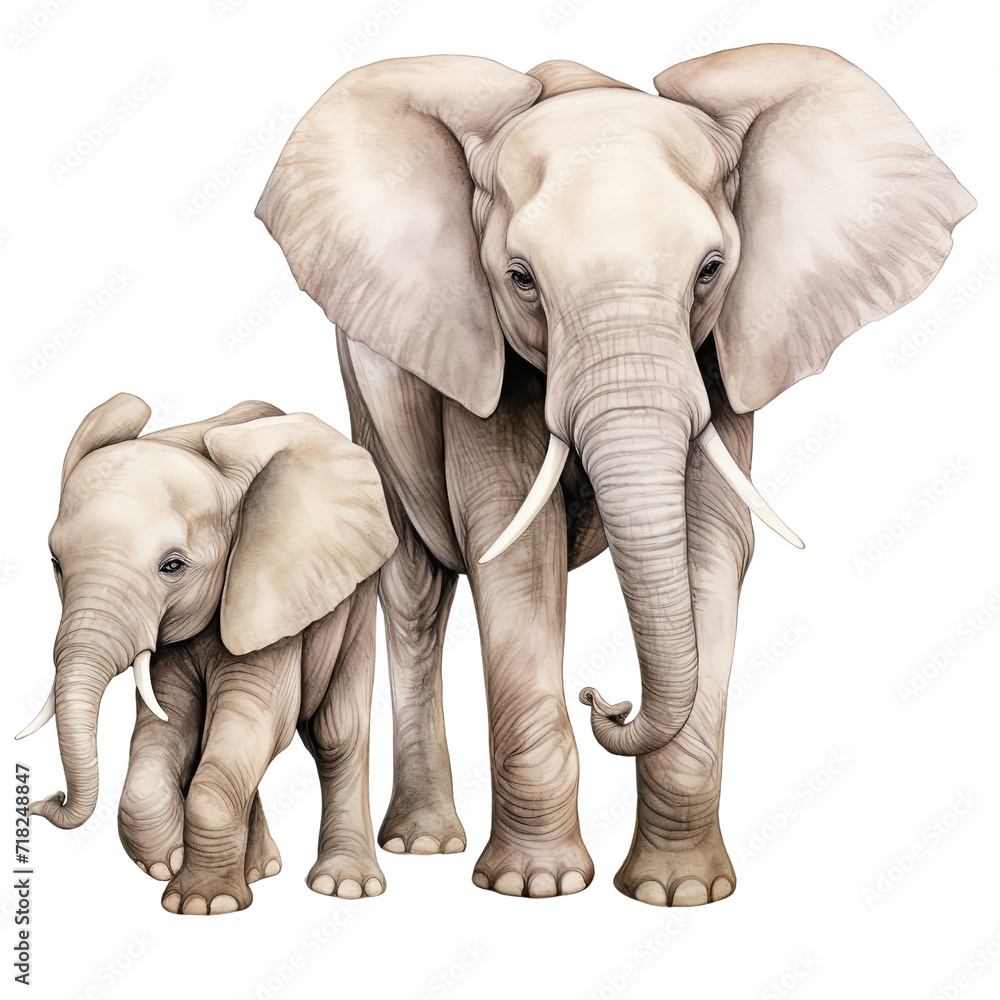 Fototapeta premium AI-generated watercolor mother and baby Elephant clip art illustration. Isolated elements on a white background.