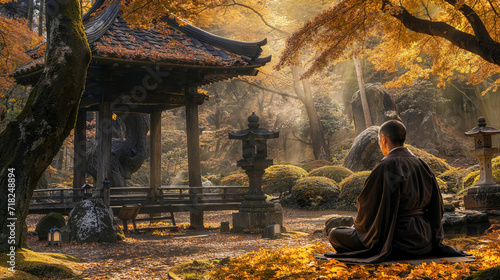 Serene autumn scene in Japanese garden with Buddhist monk sitting in meditation near traditional Japanese temple.