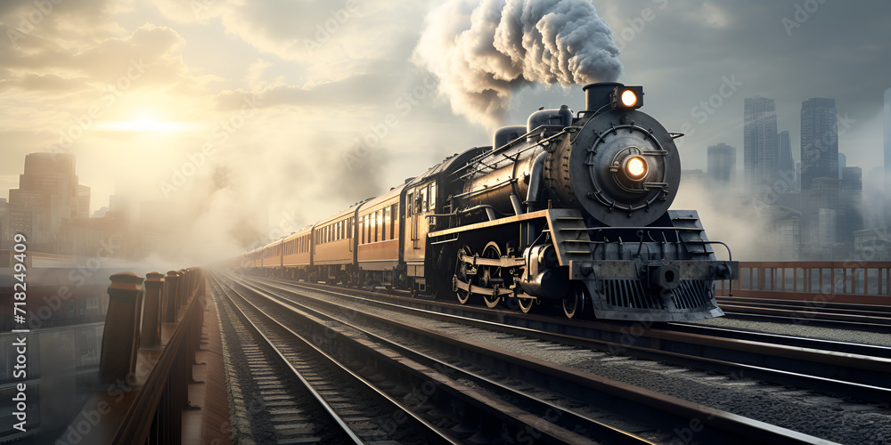 train, Vintage steam train and the track at the railway station, Black locomotive with dark smoke carries polar express train, Classic steam locomotive train engine on track Generative AI