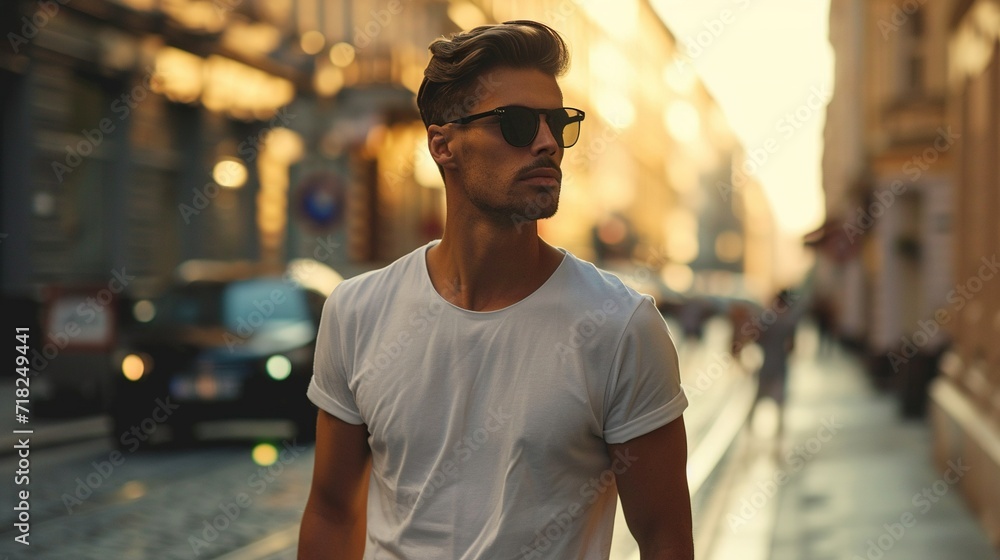 A handsome man in a white t-shirt on a urban street. Created with Generative Ai technology. A handsome man in a white t-shirt on a urban street. Created with Generative Ai technology.