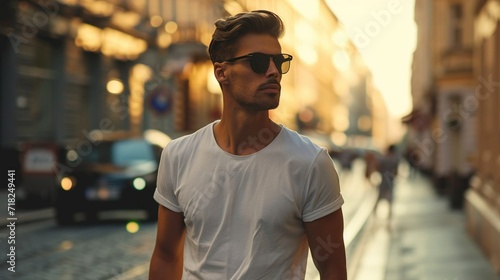 A handsome man in a white t-shirt on a urban street. Created with Generative Ai technology.