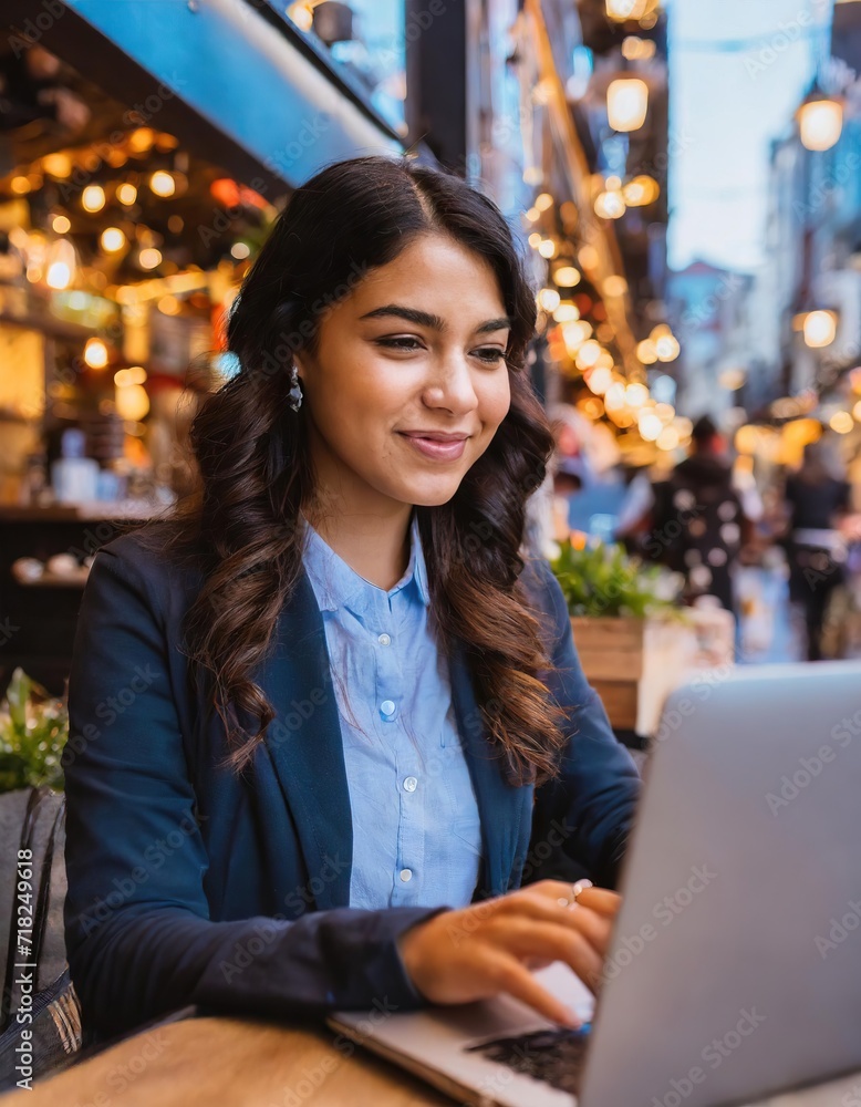 Portrait of a Hispanic woman working on a laptop computer in a busy cafe Portrait of a Hispanic woman working on a laptop computer in a busy cafe