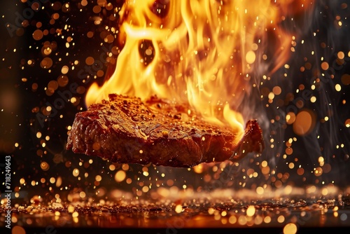 A hearty steak on fire, sizzling on a hot grill photo