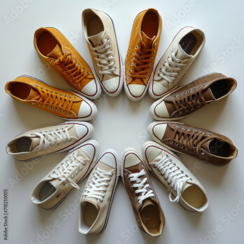 A circle of white and brown shoes on white background. A photograph capturing ten pairs of shoes arranged in a circular formation on a plain white background.