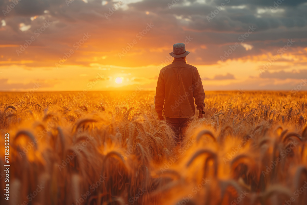 Fototapeta premium A farmer walking through a wheat field. A captivating photo capturing the peaceful tranquility of a man standing in a wheat field as the sun sets on the horizon.