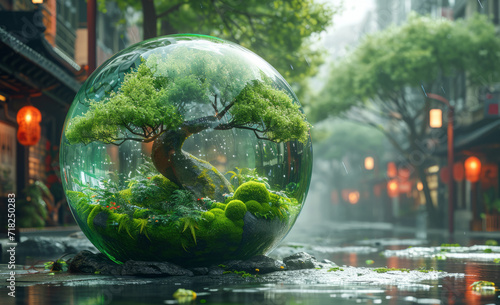 A green ball filled with plants in front of a city. © Vadim