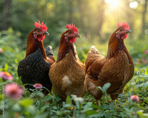A group of chickens standing on a field. A lively group of chickens stands together on a vibrant and fertile green field.