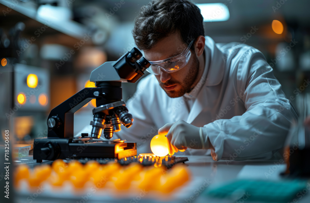 Scientist uses equipment to determine the size. A scientist in a lab coat carefully analyzing a sample under a microscope. Scientist uses equipment to determine the size. A scientist in a lab coat carefully analyzing a sample under a microscope.