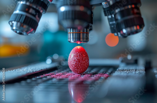 Scientist uses equipment to determine the size. This close-up photo of a red object under a microscope showcases fascinating details not visible to the naked eye. photo