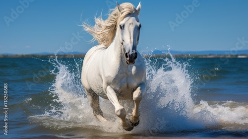 Beautiful white horse running on the beach. The splashing water adds to the beauty of the panorama.
