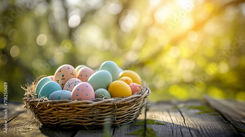 Easter eggs laid in neat rows in a rustic basket on an antique wooden table in a sunny garden in the morning, with soft diffused light and vintage pastel style with copyspace