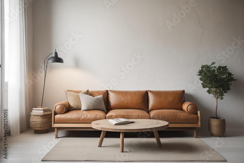  Rustic wooden sofa against of white wall with stone or stucco decorative round shape