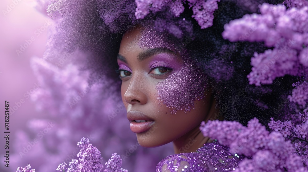Elegant Woman with Voluminous Blowout and Sequined Dress on Lilac Background Generative AI Elegant Woman with Voluminous Blowout and Sequined Dress on Lilac Background Generative AI