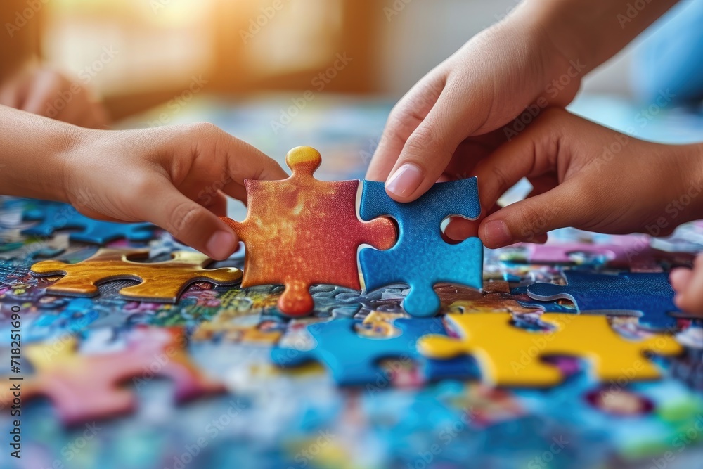 Child hands assembling puzzle pieces on a school desk Child hands assembling puzzle pieces on a school desk