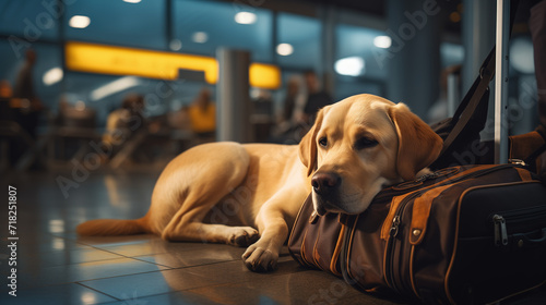 Sad dog at the airport guarding the luggage, missing his master, waiting, worried to be abandoned and lost. Devoted pet laying on the floor near the bags. Traveling with pets.