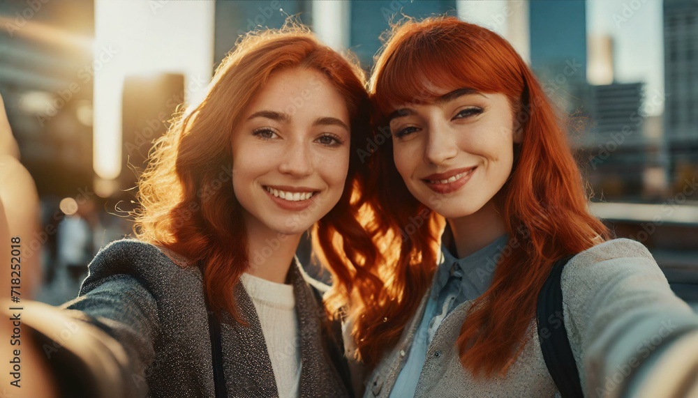 Two young women, genuine friends, taking a candid selfie in an urban setting Two young women, genuine friends, taking a candid selfie in an urban setting