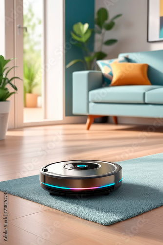 Modern robot vacuum cleaner working on blurred home room background.