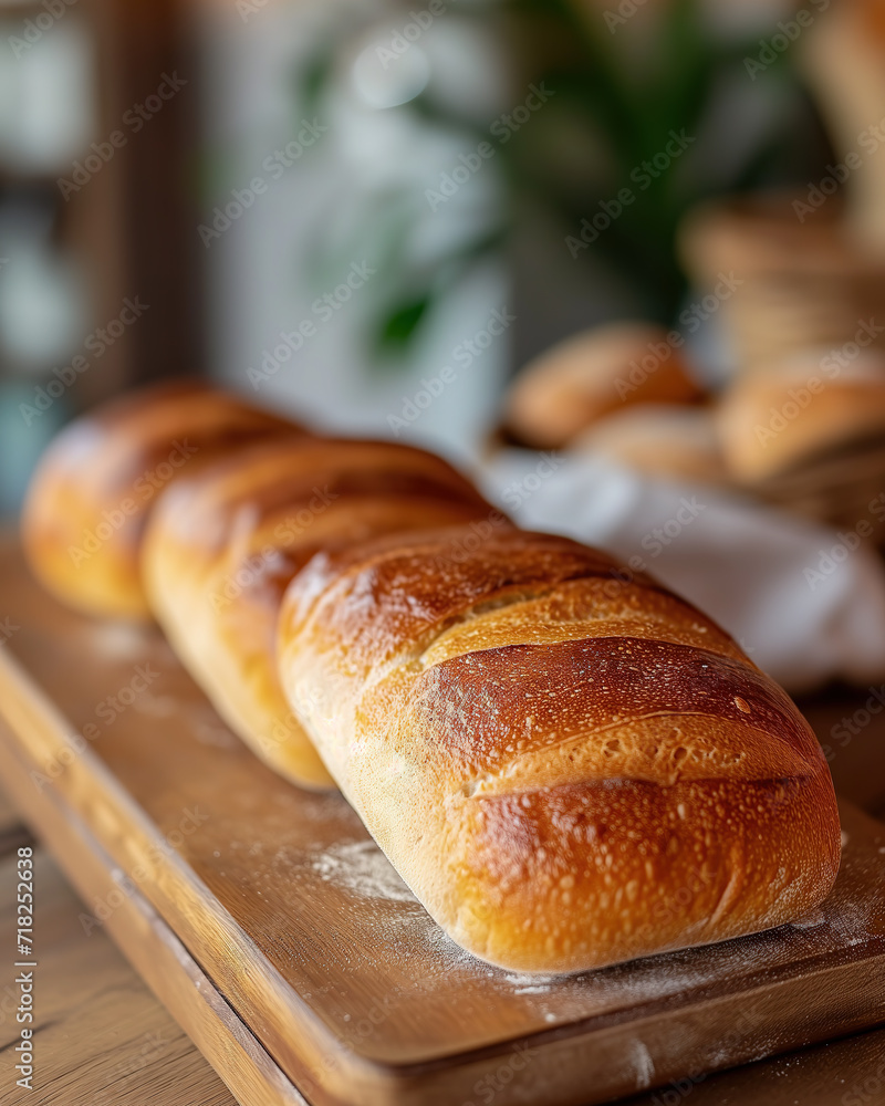 freshly baked bread placed on place on cutting board in bakery