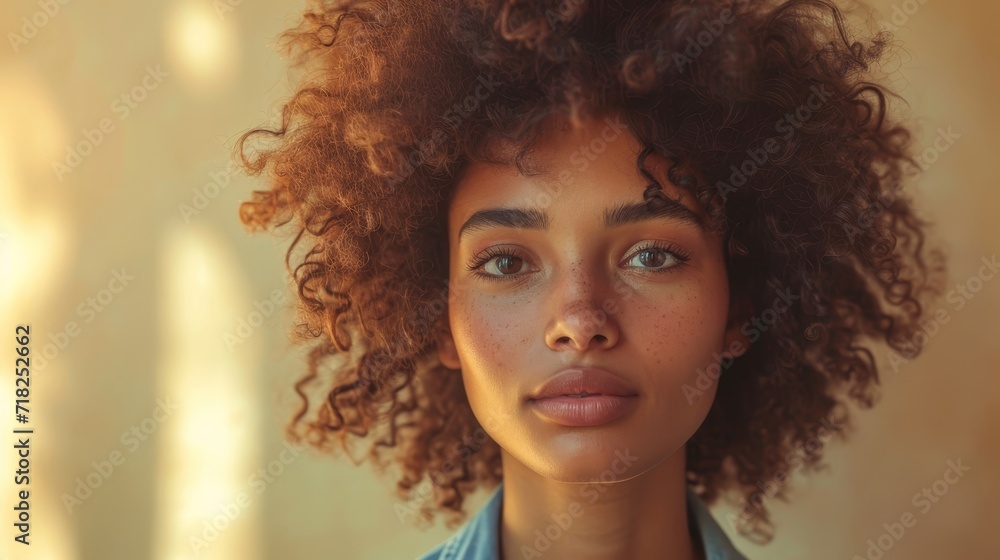Digital Art of Woman with Short Afro and Denim Shirt on Light Tan Background Generative AI Digital Art of Woman with Short Afro and Denim Shirt on Light Tan Background Generative AI