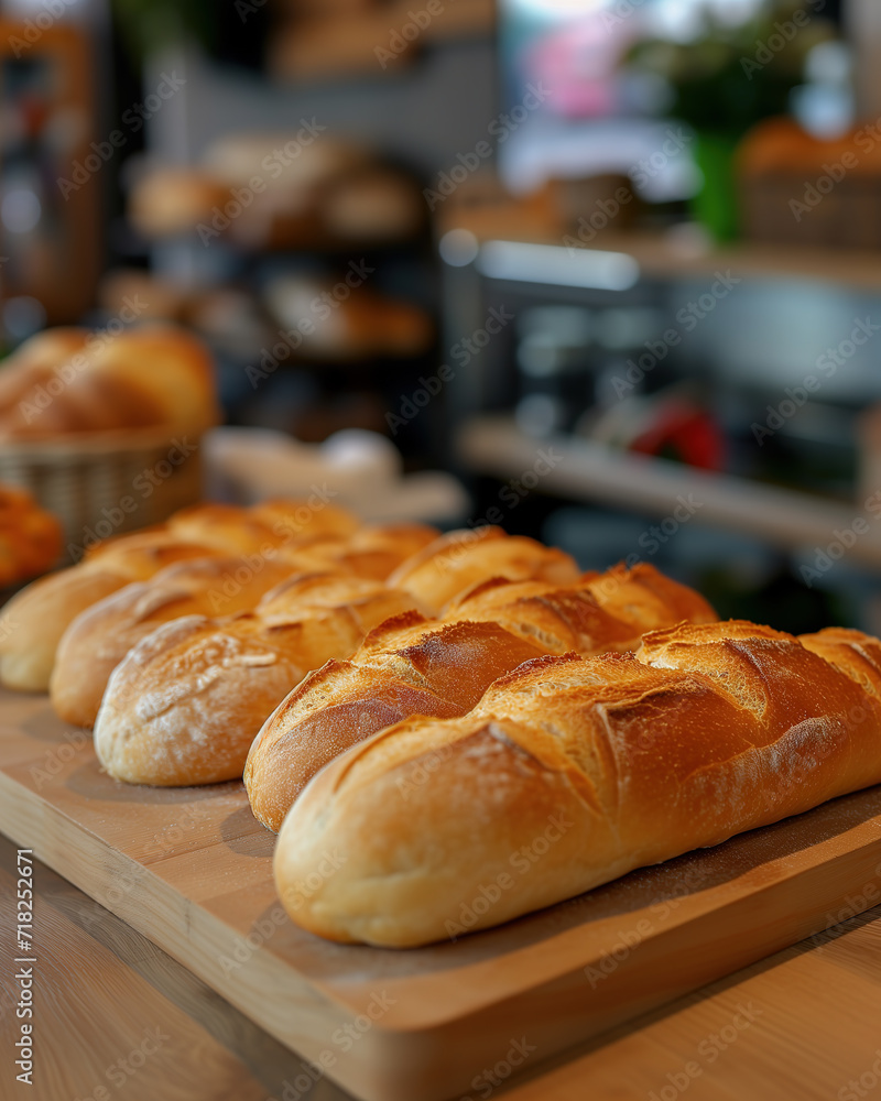 freshly baked bread placed on place on cutting board in bakery