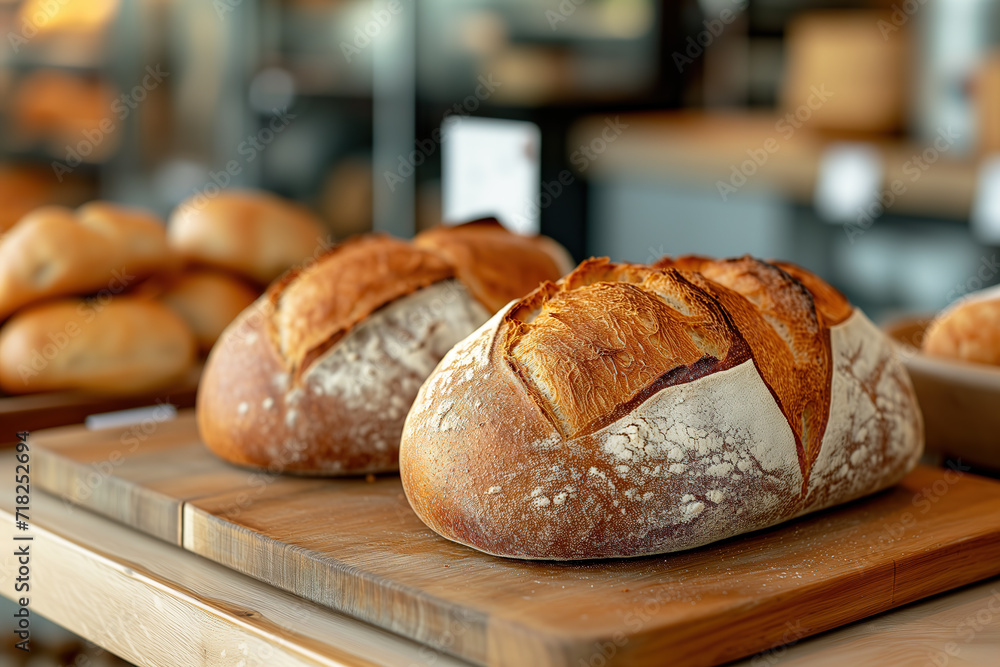 freshly baked bread placed on place on cutting board in bakery freshly baked bread placed on place on cutting board in bakery