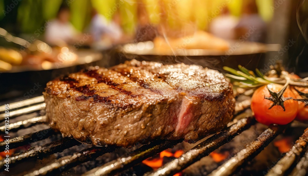 Perfect juicy steak close up of the meat grilling on high temperature grill surface at bbq with family and friends over Perfect juicy steak close up of the meat grilling on high temperature grill surface at bbq with family and friends over