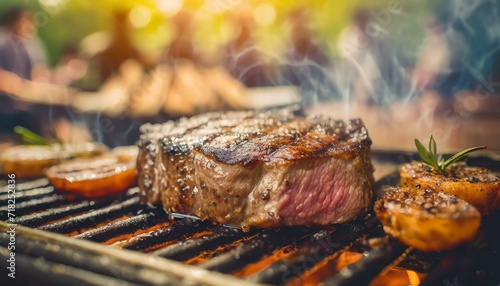 Perfect juicy steak close up of the meat grilling on high temperature grill surface at bbq with family and friends over