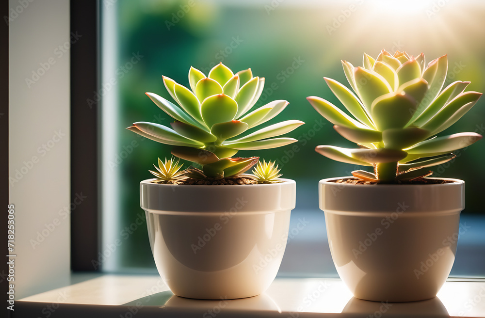 Succulents stand in white pots on the windowsill. Sunlight from the window. Echeveria in white ceramic pots.