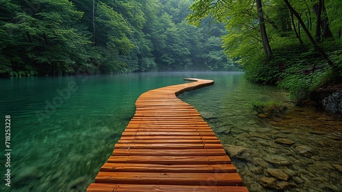 Beautiful lake views with wooden walkways. photo