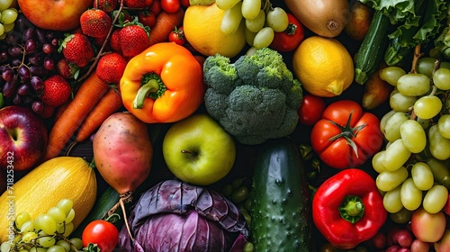 Flat lay of fresh fruits and vegetables for background. Healthy and natural food concept.