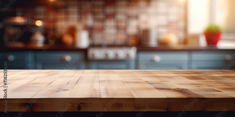 Blurry kitchen backdrop with wooden tabletop. Blurry kitchen backdrop with wooden tabletop.