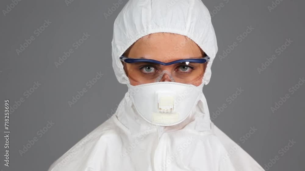 Girl in chemical protection suit looking side to side Girl in chemical protection suit looking side to side