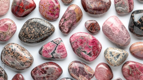 Thulite stone with its unique pink and red hues, gracefully arranged on a white canvas. photo