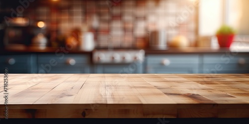 Blurry kitchen backdrop with wooden tabletop.