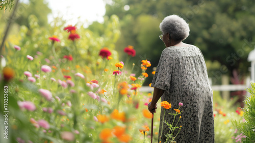 Senior african american woman walking in garden with lots of spring flowers blooming. Mature female pensioner at the garden centre