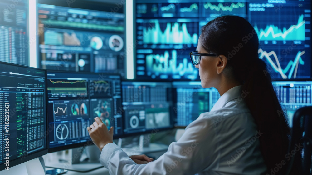 Data Analyst, A data analyst deeply focused on interpreting complex data on multiple computer screens in a tech-driven office space. Data Analyst, A data analyst deeply focused on interpreting complex data on multiple computer screens in a tech-driven office space.
