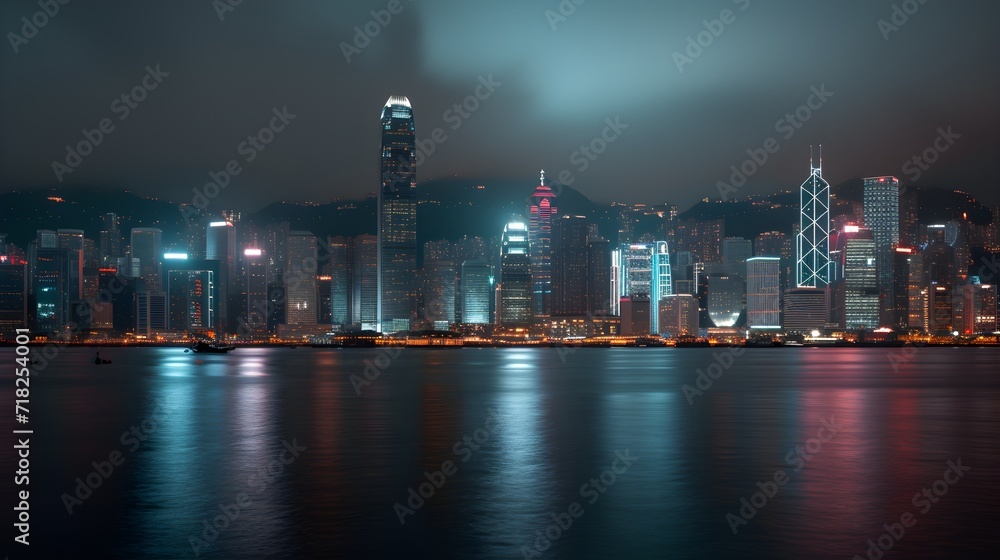 Fototapeta premium Neon Glow of a Metropolis Waterfront at Night